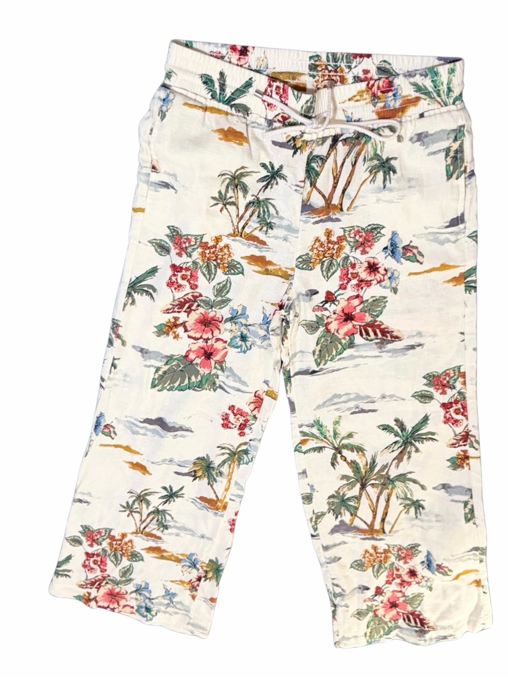 Linen Blend Ivory Tropical Floral wide leg pants